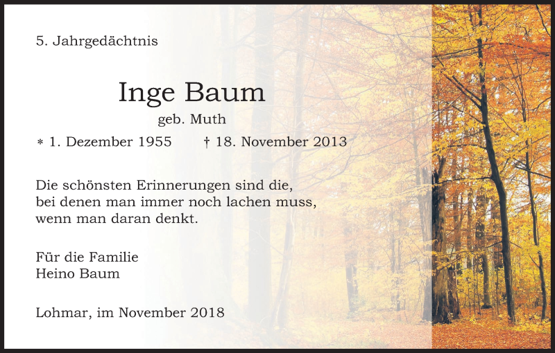  Traueranzeige für Inge Baum vom 17.11.2018 aus Kölner Stadt-Anzeiger / Kölnische Rundschau / Express