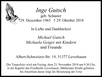 Anzeige von Inge Gutsch von Kölner Stadt-Anzeiger / Kölnische Rundschau / Express