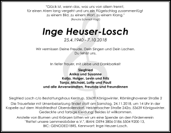 Anzeige von Inge Heuser-Losch von Kölner Stadt-Anzeiger / Kölnische Rundschau / Express