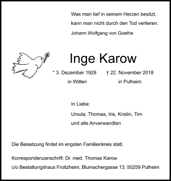 Anzeige von Inge Karow von Kölner Stadt-Anzeiger / Kölnische Rundschau / Express