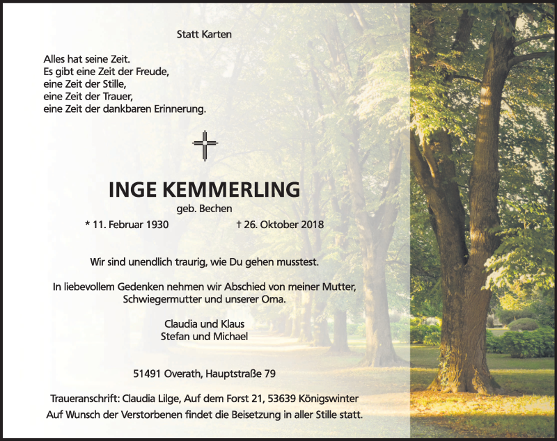  Traueranzeige für Inge Kemmerling vom 03.11.2018 aus Kölner Stadt-Anzeiger / Kölnische Rundschau / Express