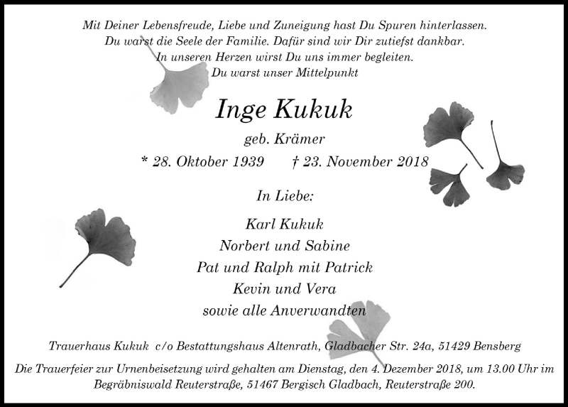  Traueranzeige für Inge Kukuk vom 28.11.2018 aus  Bergisches Handelsblatt 