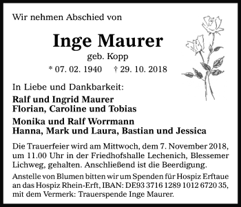 Anzeige von Inge Maurer von Kölner Stadt-Anzeiger / Kölnische Rundschau / Express