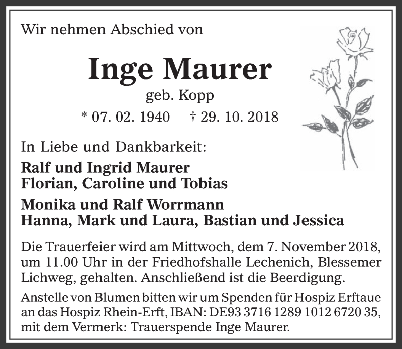  Traueranzeige für Inge Maurer vom 07.11.2018 aus  Werbepost 