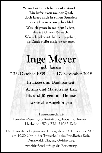 Anzeige von Inge Meyer von Kölner Stadt-Anzeiger / Kölnische Rundschau / Express