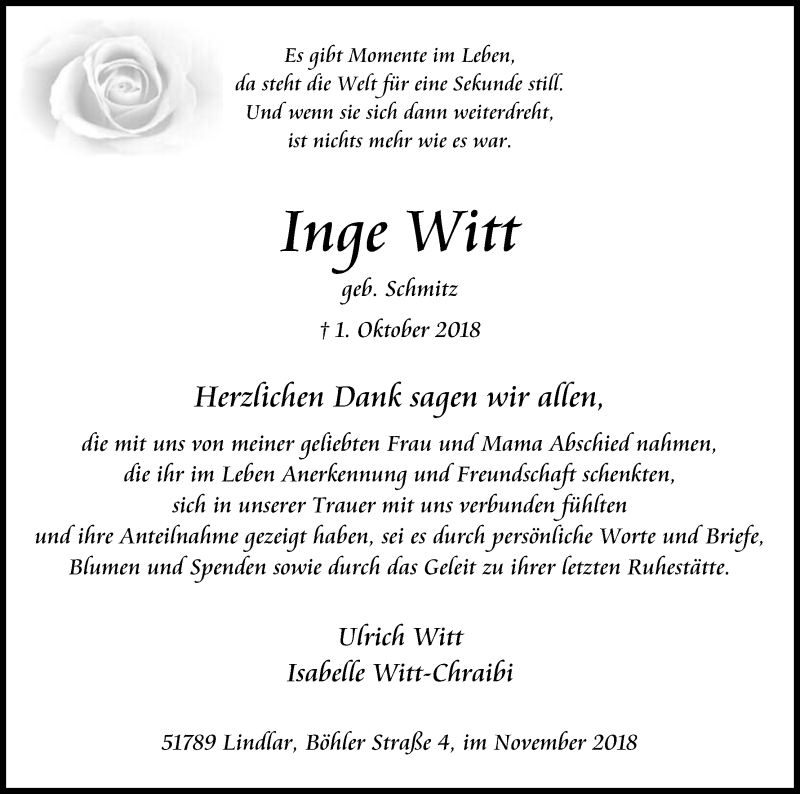  Traueranzeige für Inge Witt vom 10.11.2018 aus Kölner Stadt-Anzeiger / Kölnische Rundschau / Express