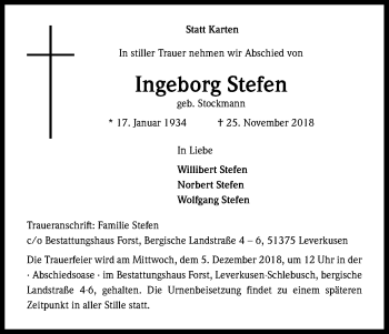 Anzeige von Ingeborg Stefen von Kölner Stadt-Anzeiger / Kölnische Rundschau / Express