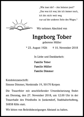 Anzeige von Ingeborg Tober von Kölner Stadt-Anzeiger / Kölnische Rundschau / Express