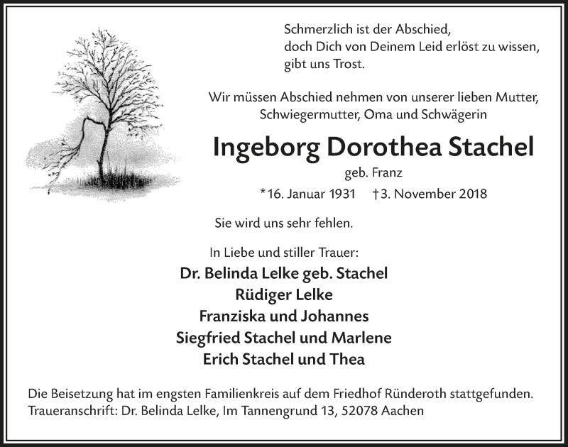  Traueranzeige für Ingeborg Dorothea Stachel vom 14.11.2018 aus  Anzeigen Echo 