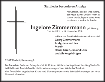 Anzeige von Ingelore Zimmermann von  Lokalanzeiger 