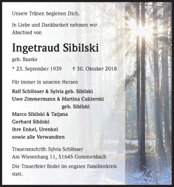Anzeige von Ingetraud Sibilski von Kölner Stadt-Anzeiger / Kölnische Rundschau / Express