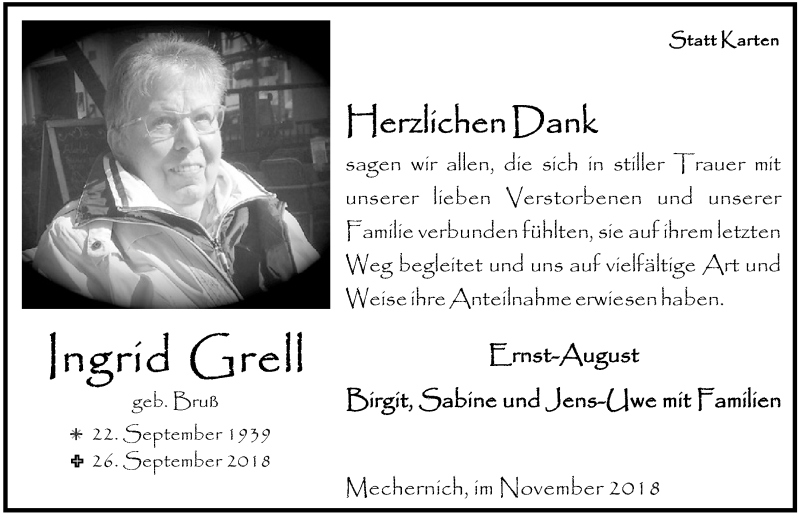  Traueranzeige für Ingrid Grell vom 10.11.2018 aus  Blickpunkt Euskirchen 
