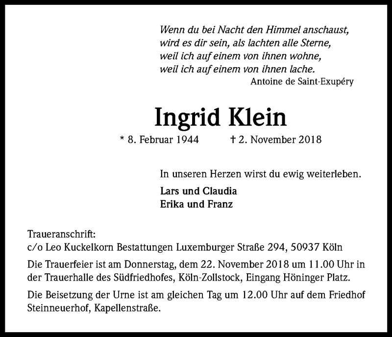  Traueranzeige für Ingrid Klein vom 17.11.2018 aus Kölner Stadt-Anzeiger / Kölnische Rundschau / Express
