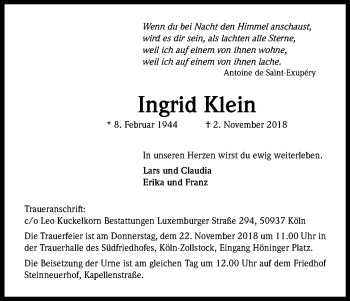 Anzeige von Ingrid Klein von Kölner Stadt-Anzeiger / Kölnische Rundschau / Express