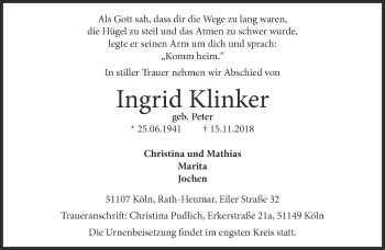 Anzeige von Ingrid Klinker von  Kölner Wochenspiegel 