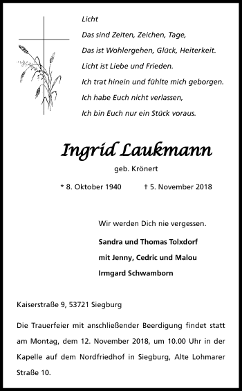 Anzeige von Ingrid Laukmann von Kölner Stadt-Anzeiger / Kölnische Rundschau / Express