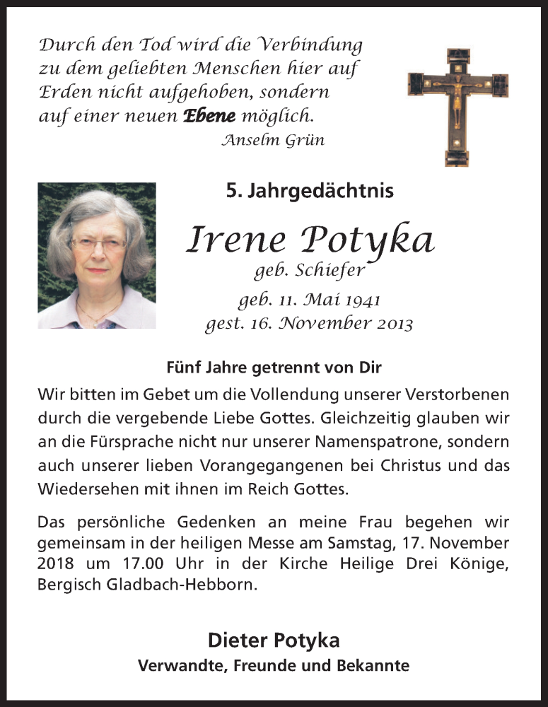 Traueranzeige für Irene Potyka vom 14.11.2018 aus Kölner Stadt-Anzeiger / Kölnische Rundschau / Express