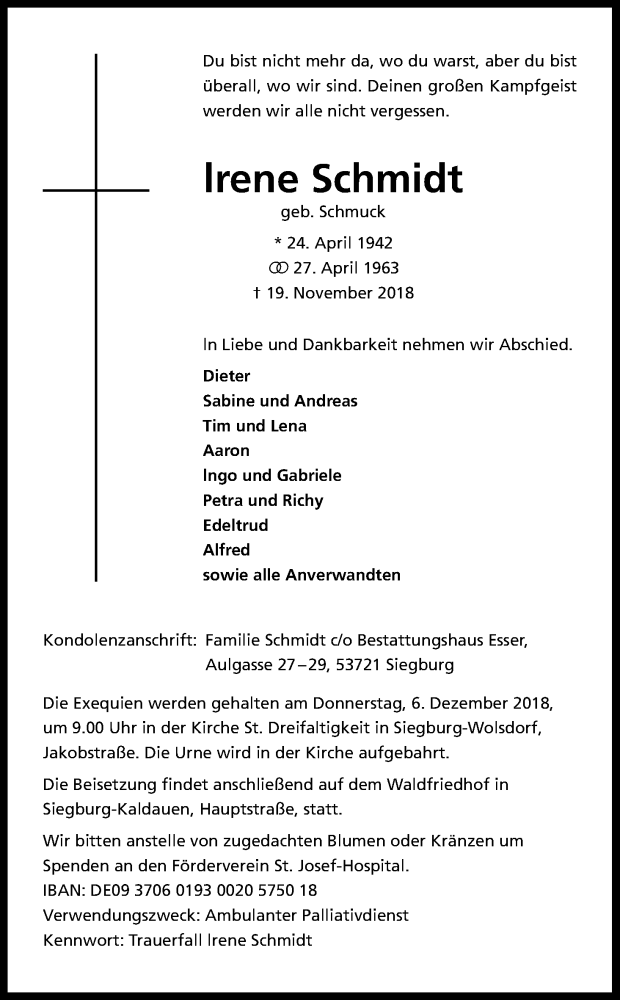  Traueranzeige für Irene Schmidt vom 01.12.2018 aus Kölner Stadt-Anzeiger / Kölnische Rundschau / Express