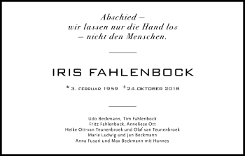 Anzeige von Iris Fahlenbock von Kölner Stadt-Anzeiger / Kölnische Rundschau / Express