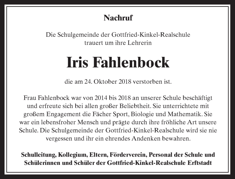  Traueranzeige für Iris Fahlenbock vom 14.11.2018 aus  Werbepost 