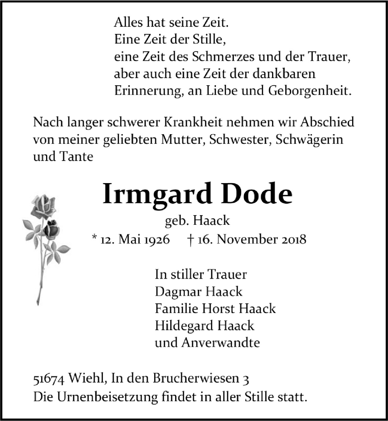  Traueranzeige für Irmgard Dode vom 21.11.2018 aus  Anzeigen Echo 
