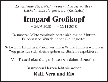 Anzeige von Irmgard Großkopf von  Sonntags-Post 