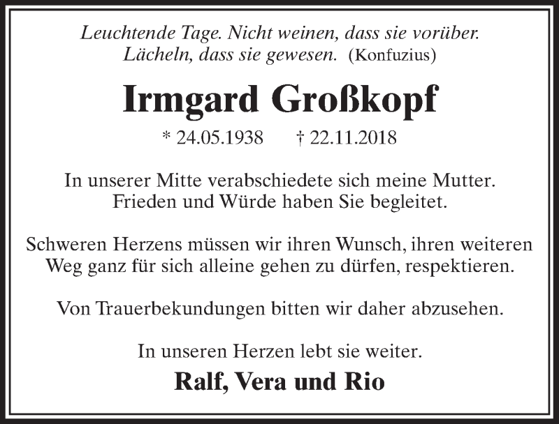  Traueranzeige für Irmgard Großkopf vom 01.12.2018 aus  Sonntags-Post 