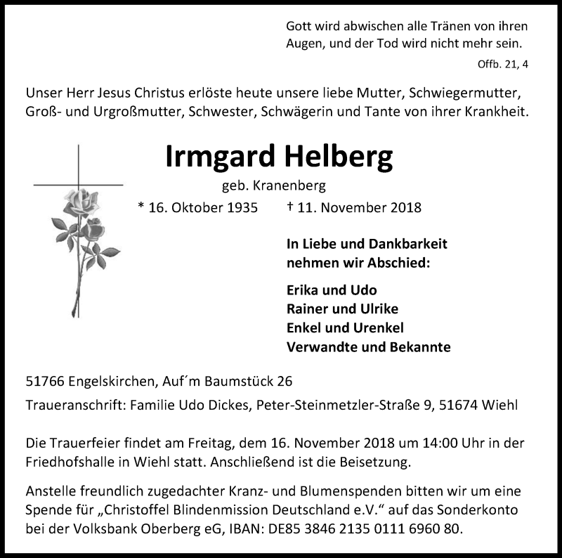  Traueranzeige für Irmgard Helberg vom 14.11.2018 aus Kölner Stadt-Anzeiger / Kölnische Rundschau / Express