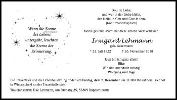 Anzeige von Irmgard Lehmann von Kölner Stadt-Anzeiger / Kölnische Rundschau / Express