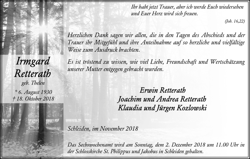  Traueranzeige für Irmgard Retterath vom 24.11.2018 aus Kölner Stadt-Anzeiger / Kölnische Rundschau / Express