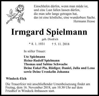 Anzeige von Irmgard Spielmann von Kölner Stadt-Anzeiger / Kölnische Rundschau / Express