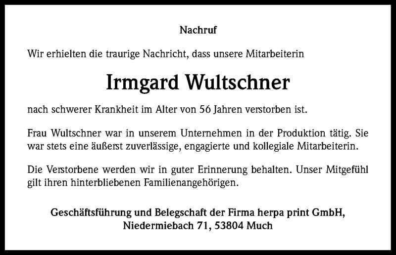  Traueranzeige für Irmgard Wultschner vom 01.12.2018 aus Kölner Stadt-Anzeiger / Kölnische Rundschau / Express