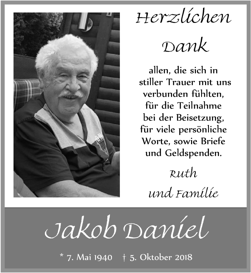  Traueranzeige für Jakob Daniel vom 01.12.2018 aus  Blickpunkt Euskirchen 