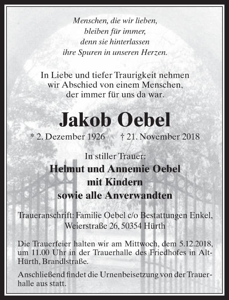  Traueranzeige für Jakob Oebel vom 28.11.2018 aus  Wochenende 