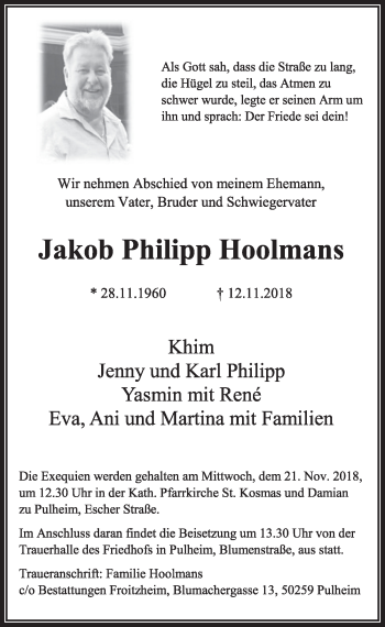 Anzeige von Jakob Philipp Hoolmans von  Sonntags-Post 