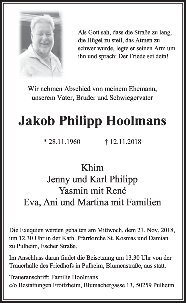  Traueranzeige für Jakob Philipp Hoolmans vom 17.11.2018 aus  Sonntags-Post 