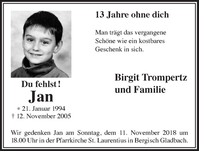  Traueranzeige für Jan  vom 18.07.2023 aus  Bergisches Sonntagsblatt 