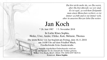 Anzeige von Jan Koch von Kölner Stadt-Anzeiger / Kölnische Rundschau / Express