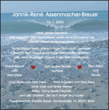 Anzeige von Jannik-Rene Assenmacher-Breuer von  Schlossbote/Werbekurier 