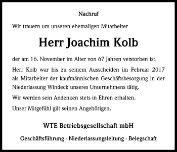 Anzeige von Joachim Kolb von Kölner Stadt-Anzeiger / Kölnische Rundschau / Express