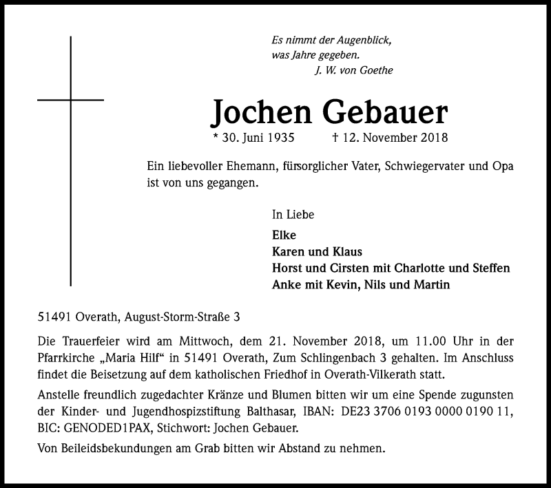  Traueranzeige für Jochen Gebauer vom 17.11.2018 aus Kölner Stadt-Anzeiger / Kölnische Rundschau / Express