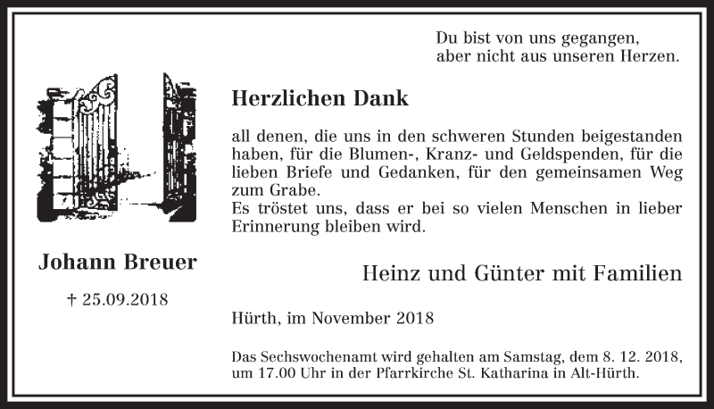  Traueranzeige für Johann Breuer vom 21.11.2018 aus  Wochenende 