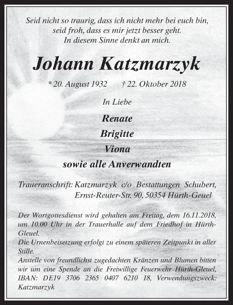  Traueranzeige für Johann Katzmarzyk vom 07.11.2018 aus  Wochenende 