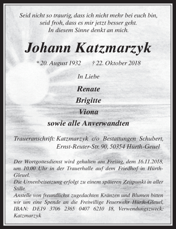 Anzeige von Johann Katzmarzyk von  Wochenende 