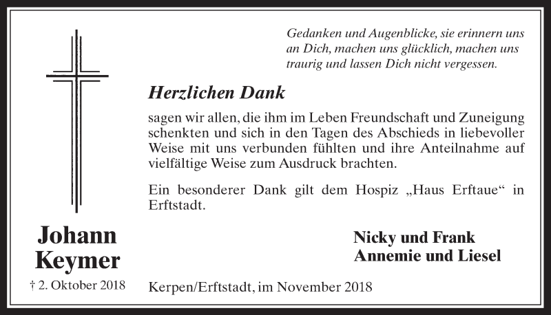  Traueranzeige für Johann Keymer vom 07.11.2018 aus  Werbepost 
