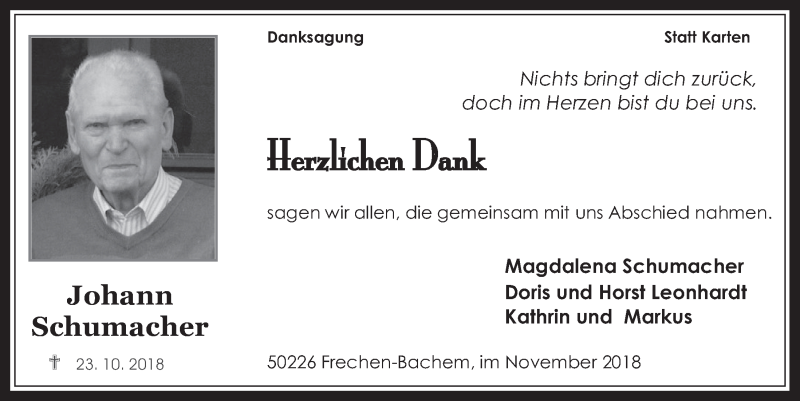  Traueranzeige für Johann Schumacher vom 21.11.2018 aus  Wochenende 
