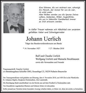Anzeige von Johann Uerlich von  Sonntags-Post 