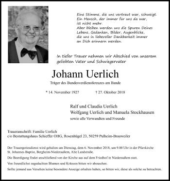 Anzeige von Johann Uerlich von Kölner Stadt-Anzeiger / Kölnische Rundschau / Express