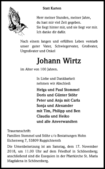 Anzeige von Johann Wirtz von Kölner Stadt-Anzeiger / Kölnische Rundschau / Express