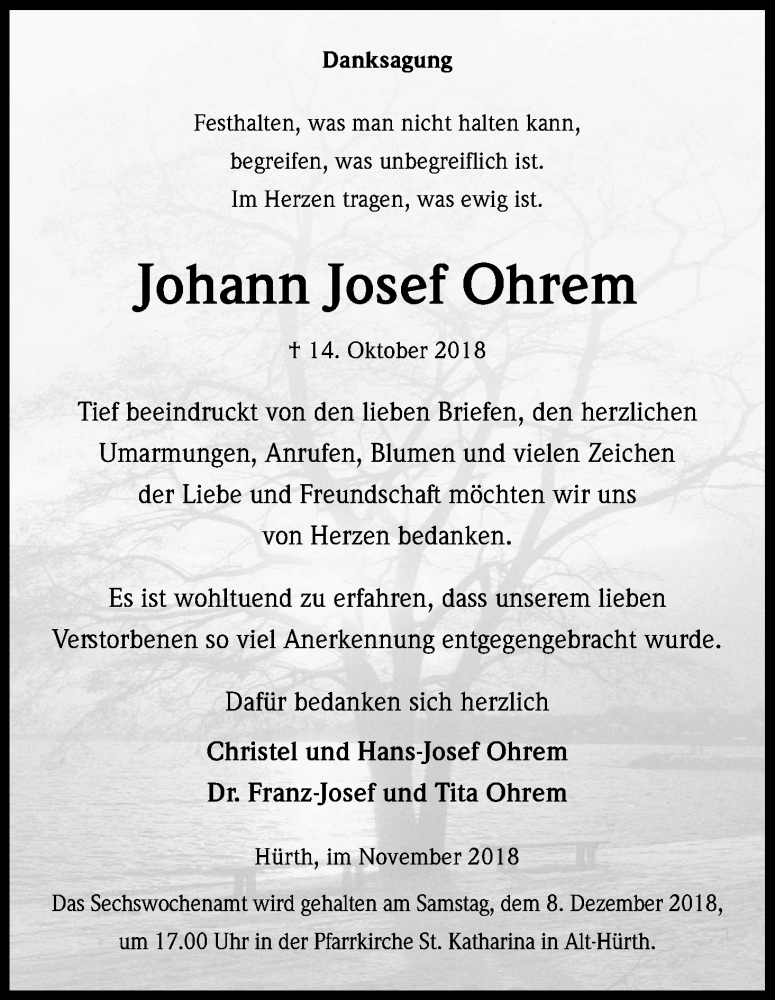  Traueranzeige für Johann Josef Ohrem vom 21.11.2018 aus Kölner Stadt-Anzeiger / Kölnische Rundschau / Express